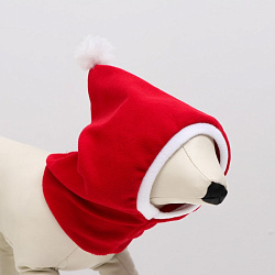 Шапочка новогодняя для собак флис, XS-S ОМ 24-26, высота 20 см бело-красная 
