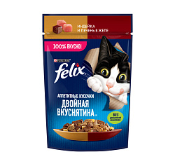 Felix Аппетитные кусочки "Двойная вкуснятина" влажный корм для кошек взрослых с индейкой и печенью в желе 75гр Felix Аппетитные кусочки "Двойная вкуснятина" влажный корм для кошек взрослых с индейкой и печенью в желе 75гр