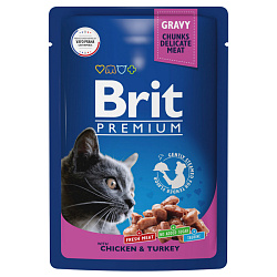 Brit Premium влажный корм для кошек с цыпленком и индейкой кусочки в соусе 85гр