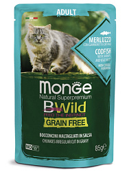 Monge Cat BWild Grain Free Adult консервы беззерновой для кошек взрослых с треской, креветками и овощами 85гр