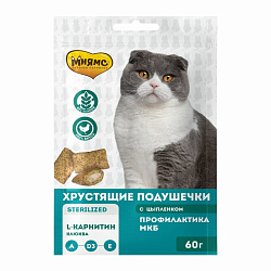 Мнямс Профилактика МКБ Лакомство для кошек хрустящие подушечки с цыпленком и клюквой 60гр