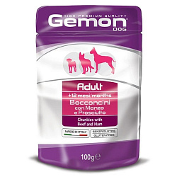 Gemon Dog Adult консервы для собак кусочки с говядиной и ветчиной 100гр