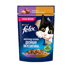 Felix Аппетитные кусочки "Двойная вкуснятина" влажный корм для кошек взрослых с ягненком и курицей в желе 75гр Felix Аппетитные кусочки "Двойная вкуснятина" влажный корм для кошек взрослых с ягненком и курицей в желе 75гр