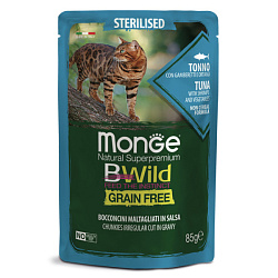 Monge Cat BWild Grain Free Sterilised консервы беззерновой для кошек стерилизованных с тунцом, креветками и овощами 85гр