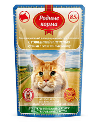 Родные корма влажный корм для кошек стерилизованных кошек и кастрированных котов с говядиной и печенью кусочки в желе по-таежному 85гр