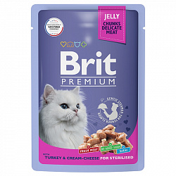 Brit Premium Sterilised консервы для кошек стерилизованных с индейкой и сыром кусочки в желе 85гр