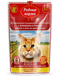 Родные корма влажный корм для кошек с ягнёнком и рубцом кусочки в желе по-архангельски для улучшения пищеварения 85гр