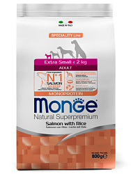Monge Dog Speciality Line Monoprotein Extra Small Adult корм сухой для собак миниатюрных пород с лососем и рисом 800гр Monge Dog Speciality Line Monoprotein Extra Small Adult корм сухой для собак миниатюрных пород с лососем и рисом 800гр