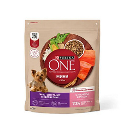 Purina ONE Мини корм сухой для собак мелких пород при чувствительном пищеварении с лососем 600гр