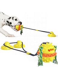 Игрушка для собак интерактивная Тяни-Кусай,с двумя присосками,75см желтый, шипованный мяч с веревкой