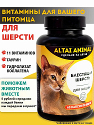 Altai Animal Блестящая шерсть Витаминный комплекс Для кошек 11 витаминов, таурин, гидролизат коллагена 60 капсул по 500мг Altai Animal Блестящая шерсть Витаминный комплекс Для кошек 11 витаминов, таурин, гидролизат коллагена 60 капсул по 500мг