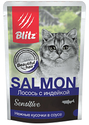 Blitz Sensitive Cat Adult консервы для кошек взрослых с лососем и индейкой в соусе 85гр