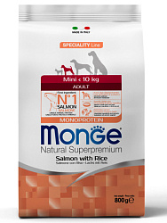 Monge Dog Speciality Line Monoprotein Mini Adult корм сухой для собак мелких пород с лососем и рисом 800гр