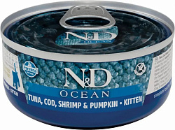 Farmina N&D Ocean Cat Tuna & Shrimp консервы для котят взрослых с тунцом, треской, креветками и тыквой 70гр