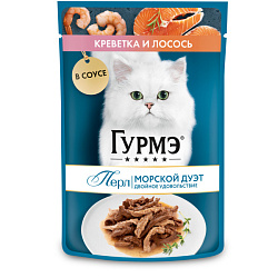 Гурмэ Перл Морской Дуэт влажный корм для кошек взрослых креветки и лосось нежное филе в соусе 75гр