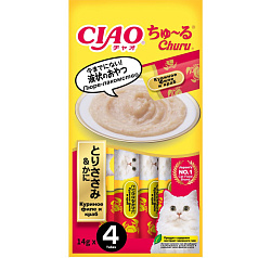 INABA Ciao Churu Лакомство для кошек Пюре с куриным филе и крабом 4шт 56гр
