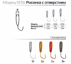 Мормышка SP-3940-CU Рисинка с отверстием 4мм1,20гр