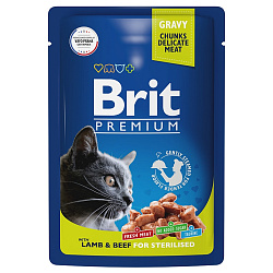 Brit Premium Sterilised влажный корм для кошек стерилизованных с ягненком и говядиной кусочки в соусе 85гр