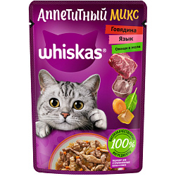Whiskas Аппетитный микс консервы для кошек с говядиной, языком и овощами в желе 75гр