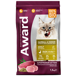 Award Hairball & Indoor корм сухой для кошек взрослых для выведения шерсти, с уткой, индейкой, зеленой чечевицей и юккой Шидигера 1,5кг