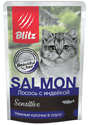 Blitz Sensitive Cat Adult влажный корм для кошек взрослых с лососем и индейкой в соусе 85гр