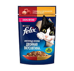 Felix Аппетитные кусочки "Двойная вкуснятина" влажный корм для кошек взрослых с говядиной и домашней птицей в желе 75гр Felix Аппетитные кусочки "Двойная вкуснятина" влажный корм для кошек взрослых с говядиной и домашней птицей в желе 75гр