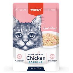 Wanpy Cat влажный корм для кошек взрослых с кусочками курицы и креветки пауч 85гр