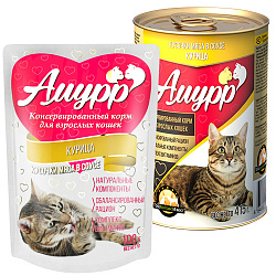 Амурр влажный корм для кошек курица кусочки мяса в соусе 100гр