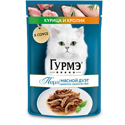 Гурмэ Перл Мясной Дуэт влажный корм для кошек взрослых кролик и курица нежное филе в соусе 75гр