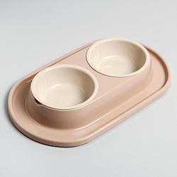 Миска двойная "Мур-мяу" 300мл бежевая на подставке 