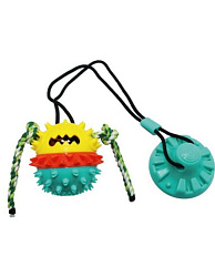 Игрушка для собак интерактивная Тяни-Кусай,на одной присоске,71см бирюзово-желтая, шипованный мяч с веревкой 