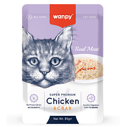 Wanpy Cat влажный корм для кошек взрослых с кусочками курицы и краба пауч 85гр