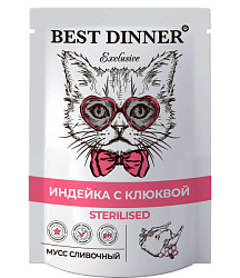 Best Dinner Exclusive Sterilised влажный корм для кошек стерилизованных мусс сливочный индейка с клюквой 85гр Best Dinner Exclusive Sterilised влажный корм для кошек стерилизованных мусс сливочный индейка с клюквой 85гр