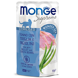 Monge Supreme Sterilized Cat влажный корм для кошек стерилизованных с тунцом, кефалью и зелёной фасолью 80гр
