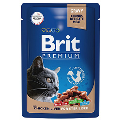 Brit Premium Sterilised консервы для кошек стерилизованных с куриной печенью кусочки в соусе 85гр