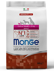 Monge Dog Speciality Line Monoprotein Extra Small Adult корм сухой для собак взрослых миниатюрных пород с ягненком, рисом и картофелем 800гр